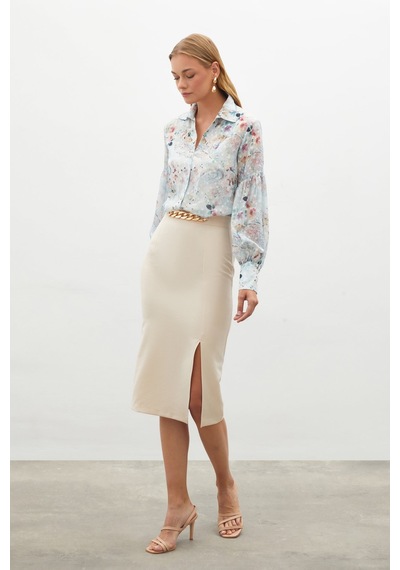 Sateen Zincir Detaylı Kalem Etek - Bej-131707 Bej