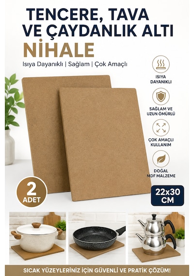 2 Adet Tencere Tava Çaydanlık Altı Nihale 22x30 Cm Mdf Sıcak Altlığı Mutfak Tezgah Koruyucu Açık Kahverengi