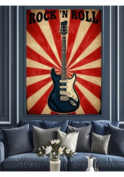 Ahşap Tablo Kırmızı Beyaz Retro Fonlu Roc'n Roll Gitarı