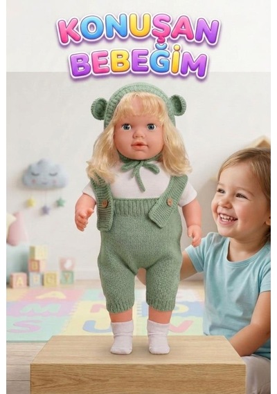 Konuşan Bebeğim 60 Cm Türkçe Konuşan Örgü Tulum Ve Şapkalı Kafası Bacakları Kolları Et Oyuncak Bebek 24028453