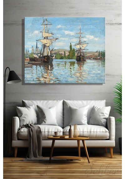 Yatay Kanvas Tablo Tekli Salon Mutfak Ofis Claude Monet Ships Riding On The Seine At Rouen