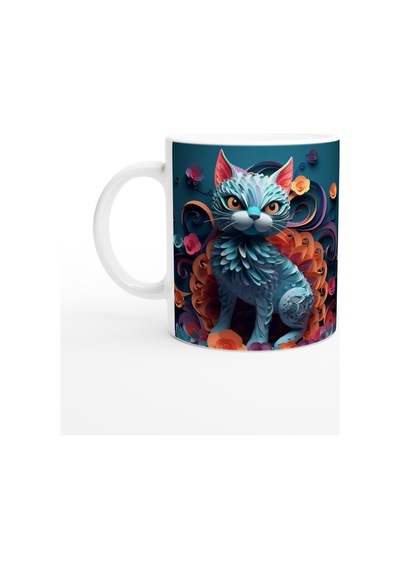 Çiçekli Sanatsal Kedi Baskılı Kupa Bardak Çok Renkli