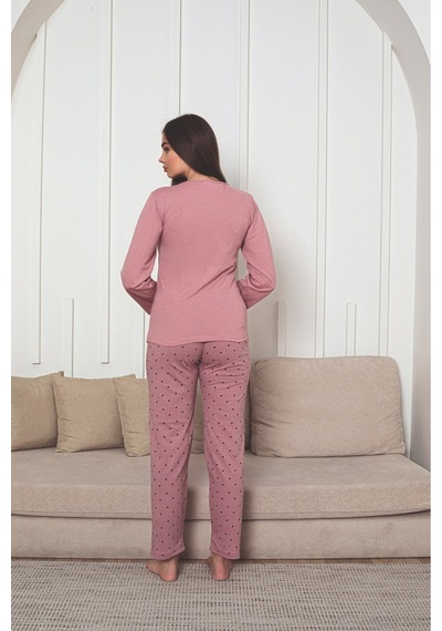 Kadın Baskı Detaylı Uzun Kollu Kalp Desenli Pijama Takım Pembe