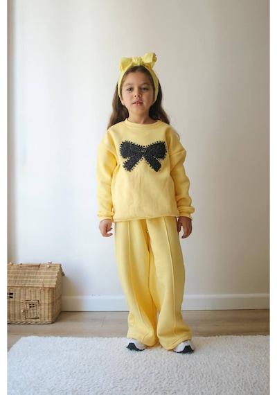 Jeliboomkidswear Boncuklu Fiyonk İşlemeli Kız 2 Li Takım Sarı