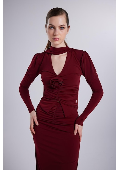 Holly Lolly Şal Yaka Detaylı Serre Bluz Bordo