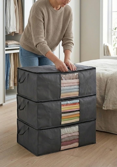3'lü Siyah Pencereli Hurç Seti 64x45x22 Cm Bez Kumaş Baza Altı Organizer, Şeffaf Pencereli Hu