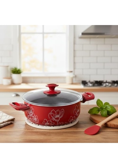 Lotus 22 Cm Derin Tencere - Kırmızı Üzeri Beyaz Çiçek Desenli Cam Kapaklı Diğer