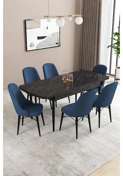 Familieconcept Almira Serisi, Siyah Mermer Desen 80x132 Açılabilir Mdf Mutfak Masası Takımı 6 Adet Sandalye Lacivert Familieconcept Almira Serisi, Siyah Mermer Desen 80x132 Açılabilir Mdf Mutfak Masası Takımı 6 Adet Sandalye Lacivert