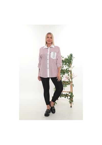 Lady Majestic %100 Cotton Rahat Kalıp Çizgili Büyük Beden Kadın Uzun Kollu Gömlek Bordo