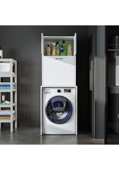 Çamaşır Sepetli Çamaşır Makinesi Dolabı, Banyo Dolabı Mat Beyaz