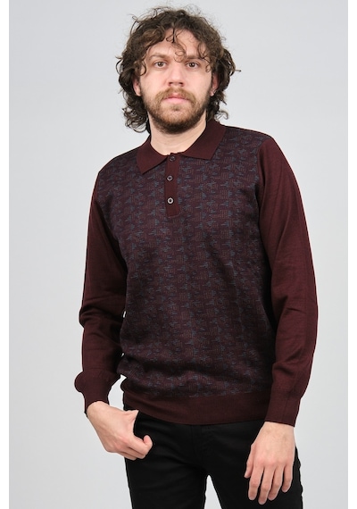 Woolman Erkek Desenli Polo Yaka Yün Kazak 1572001 Bordo Bordo Beyaz