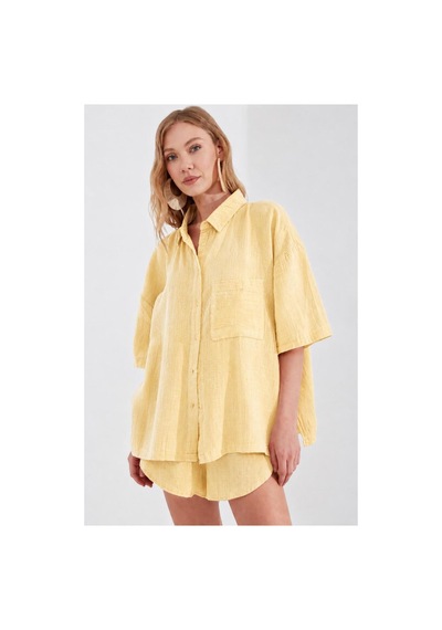 Manche Müslin Kadın Oversize Gömlek Sarı Mks166965-01