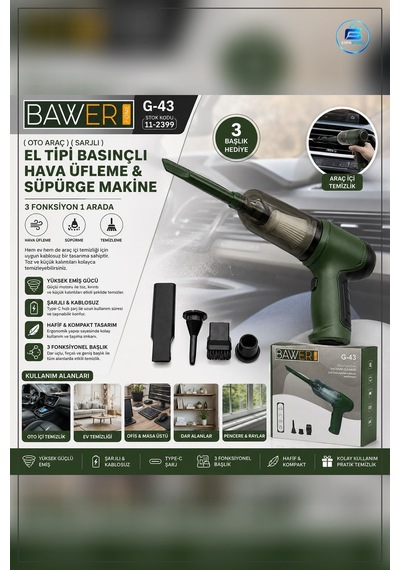 Şarjlı El Tipi Basınçlı Hava Üfleme Araç İçi Süpürge 3 Başlıklı O