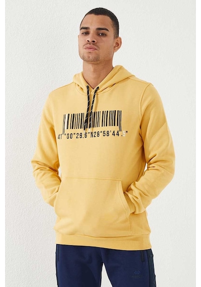 Tommy Life Hardal Nakışlı Kanguru Cep Standart Kalıp Kapüşonlu Erkek Sweatshirt - 87839 HARDAL Hardal