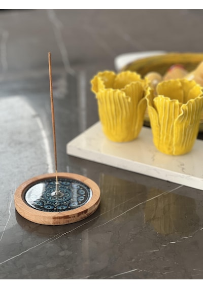 Ahşap Üzerine Epoksi Mandala Desenli Yuvarlak Tütsülük -12 Cm Çap- Mavi
