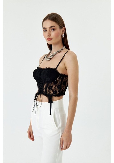 Fashion Cocktail Ön Korseli Askılı Göğüs Pedli Dekoratif Saçaklı Dantelli Gece Krop Büstiyer Siyah Fashion Cocktail Ön Korseli Askılı Göğüs Pedli Dekoratif Saçaklı Dantelli Gece Krop Büstiyer Siyah