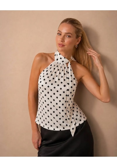 Park Karon Kadın Fular Detay Puantiyeli Kolsuz Slimfit Örme Bluz 26054 Ekru