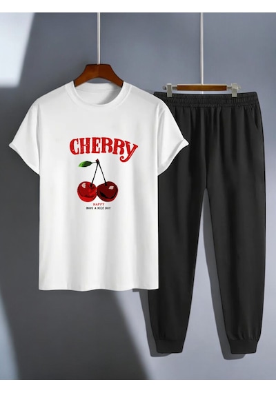 Uyguntarz Unisex Happy Cherry Tasarım Basklı Tshirt Eşofman Takımı Beyaz