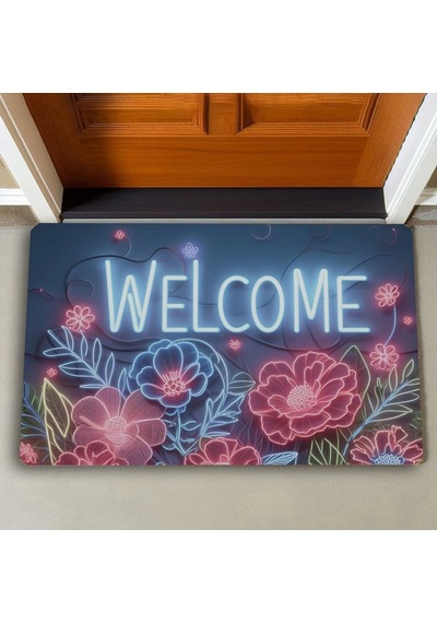 Valerine Life Neon Zambak Çiçekleri Welcome Kapı Önü Paspası 45x70cm