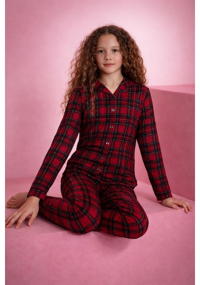 Tarık 11-15 Yaş Önden Düğmeli Pijama Takımı -3163310 - Kırmızı Kırmızı