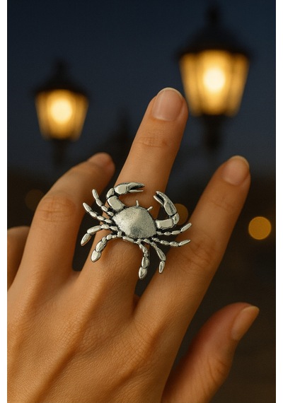 Yengeç Burcu Simgeli Unisex Ayarlanabilir Metal Yüzük Gümüş - Gri