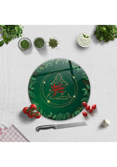 Decorita Cam Kesme Tablası|Happy New Year-Yeşil|Çap32cm
