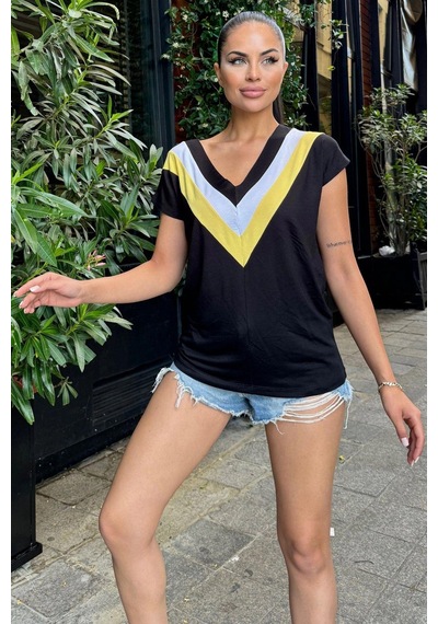Kadın Siyah V Yaka, Kısa Kol, Color Block Detaylı, Terletmez Dokulu Kumaş, Salaş Bluz, Tshirt SIYAH