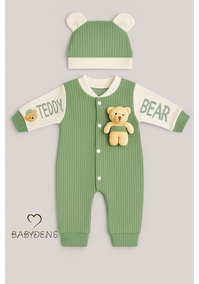 Babyden's Teddy Bear Temalı Yenidoğan Fitilli Tulum Takımı Ayıcıklı Erkek Bebek Tulum Şapka Set %100pamuk Yeşil