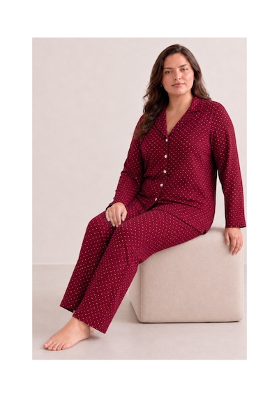 Fit Women Kadın Rahat Puantiyeli Düğmeli Kırmızı Pijama Takımı 824