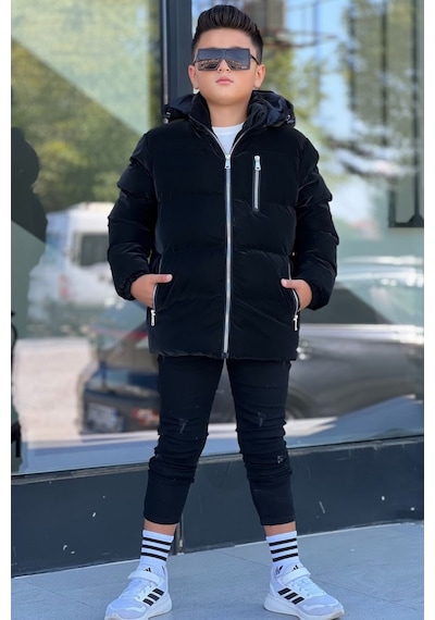Pina Kids Erkek Çocuk Siyah Astarlı Çıkarılabilir Kapüşonlu Üç Cepli Nova Kumaş Kışlık Mont Km4015