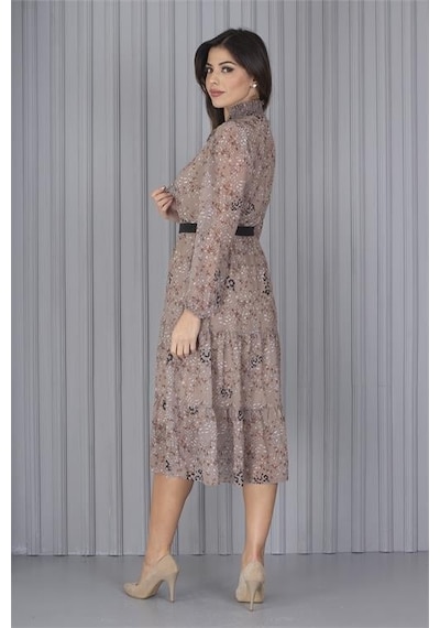 Dip Moda Kadın Kemerli Leopar Desenli Şifon Elbise Dpapcx04 BEJ