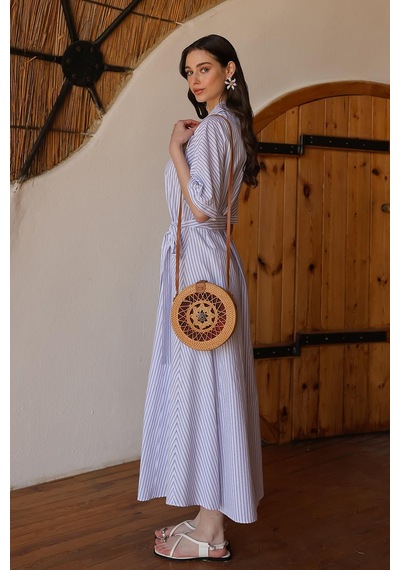 Olcay Kuşaklı Kısa Kollu Çizgili Poplin Elbise Beyaz 9317-e