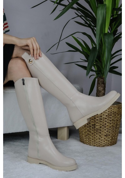 Asmi Shoes Kadın Milano Diz Boyu Çizme Krem Krem