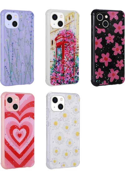 Ardemix Apple Uyumlu iPhone 13 Simli Desenli Kamera Korumalı Parlak Popy Kılıf-çiçek Çiçek