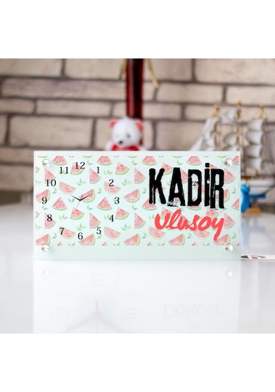 Karpuz Desenli Kişiye Özel Cam Masa Saati İsim Yazılı Masaüstü Dekor Saat Beyaz