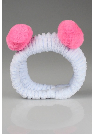Toyaş Açık Mavi Pembe Ponponlu Peluş Bandana Makyaj Spa Saç Bandı