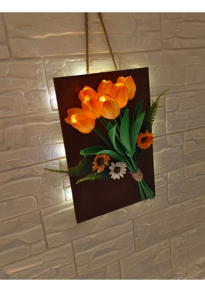 Led Işıklı Yapay Islak Lale Turuncu Renkli Ve Aranjman Çiçek- Duvar Süsü - Gece Lambası - Dekor Turuncu