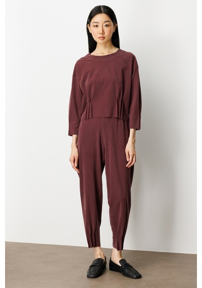 On Kadın Pile Detaylı Sıfır Yaka Bluz 64408 Bordo Bordo
