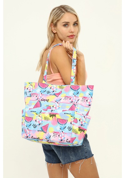 İcone Bag Kadın Çantası, Fonksiyonel Baskılı Plaj Çanta, Beach Bag, Karpuz Tropical Desenli Fermuarlı Çanta Mavi - Pembe
