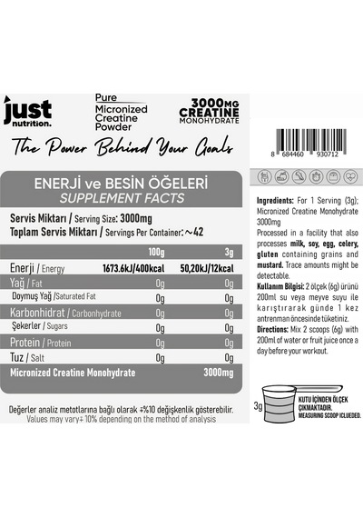 Just Nutrition Creatine Monohydrate Kreatin 126 Gr 42 Servis + Shaker + Protein Kahve Aromasız