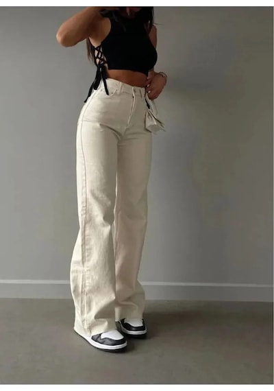 Woddi Krem Kadın Süper Yüksek Bel Salaş Jeans Palazzo Kot Pantolon-1