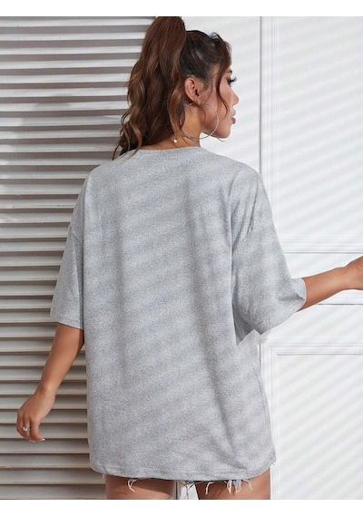 Emoji T-shirt - Gri Baskılı Oversize Bisiklet Yaka Kısa Kol Gri