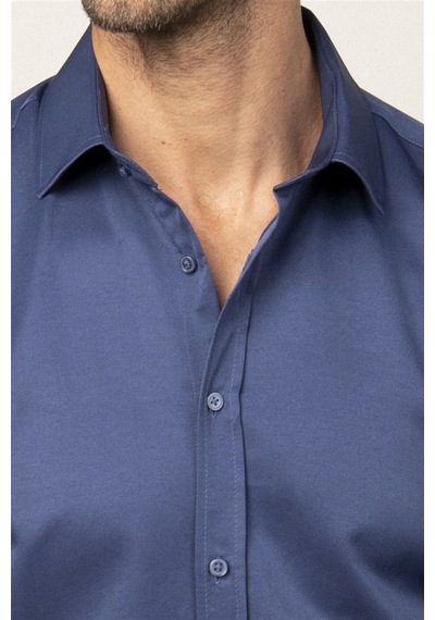 Tudors Modern Slim Fit Düz Saten Erkek Gömlek-23053 Lacivert