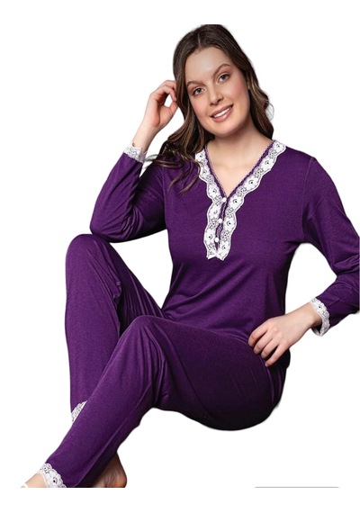 Bilgen's Butik Dantel Detay Pijama Takımı Mor Renk Mor