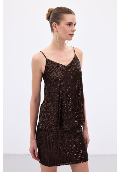 Sateen Payet Detaylı Askılı Bluz - Kahve-136646 Kahve Sateen Payet Detaylı Askılı Bluz - Kahve-136646 Kahve