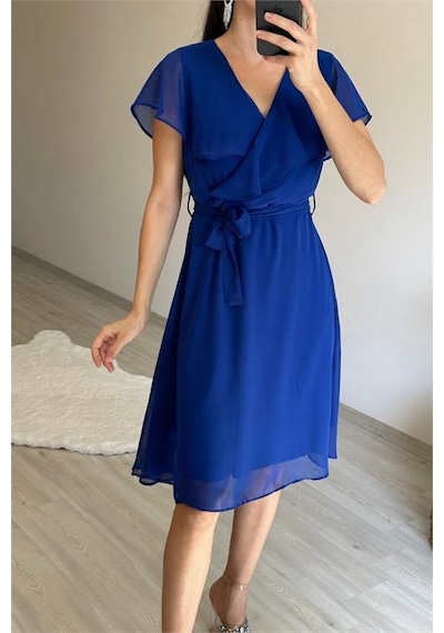 Neşeli Butik Kadın V Yaka Kuşaklı Mini Şifon Elbise Nm007 Saks