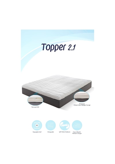 Topper 2.1 - Visco Yatak Pedi - Soft Hafızalı %100 Visco Sünger - Yıkanabilir Fermuarlı Kılıflı Beyaz