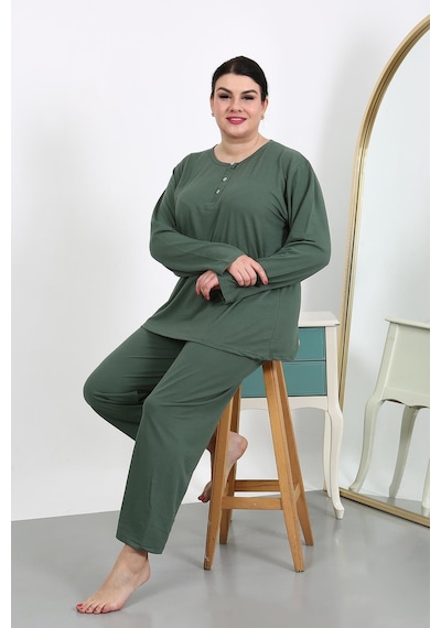 Akbeniz Kadın Büyük Beden Uzun Kol Penye Pijama Takımı Haki 202501 Haki