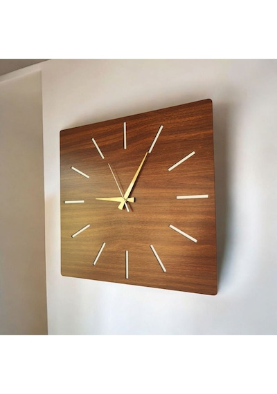 Kare Ahşap Ceviz Renk Sade Sayılı Hediyelik Sessiz Duvar Saati 50cm Kahverengi