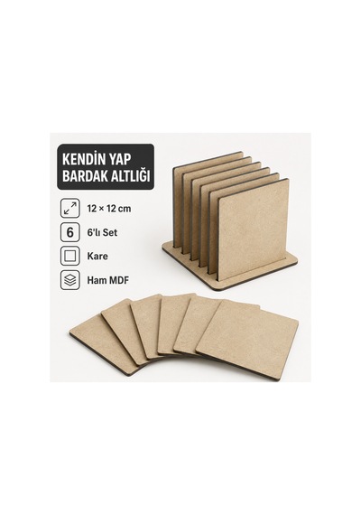 Arliadesign Çukurova Ahşap Lazer Kendin Yap 6 Lı Kare Bardak Altlığı Seti Standlı 12x12 Cm Ham Mdf